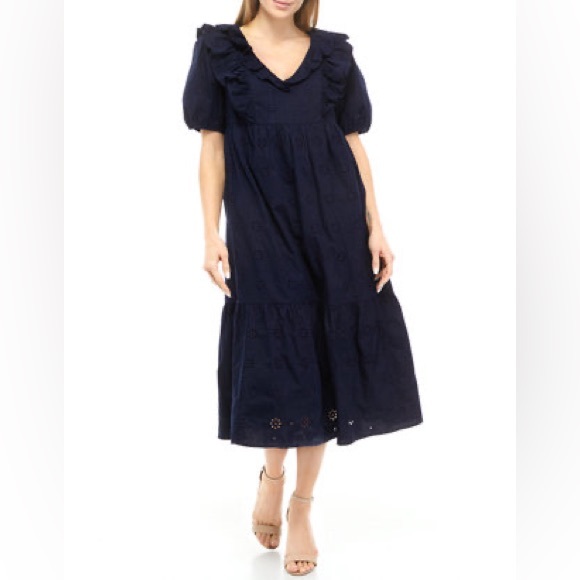 belk Dresses Womens Puff Sleeve Ruffled Eyelet Midi Dress Belk